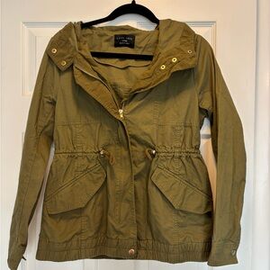 Green Cotton Khaki Utility Jacket with Cinched Waist and Hood